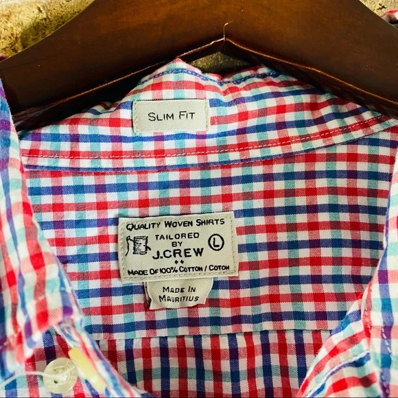 Tailored by J. Crew Men Slim Fit Gingham Check Red Blue Button Down Shirt Size: - Picture 5 of 8